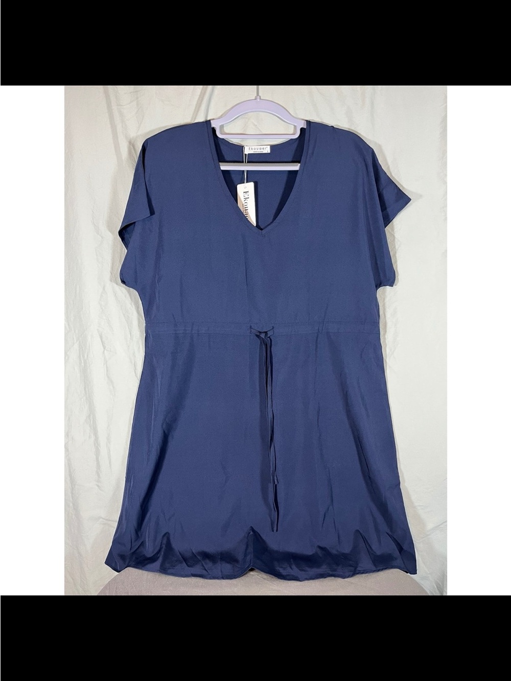 Casual V-Neck Navy Swim Coverup with Drawstring Waist